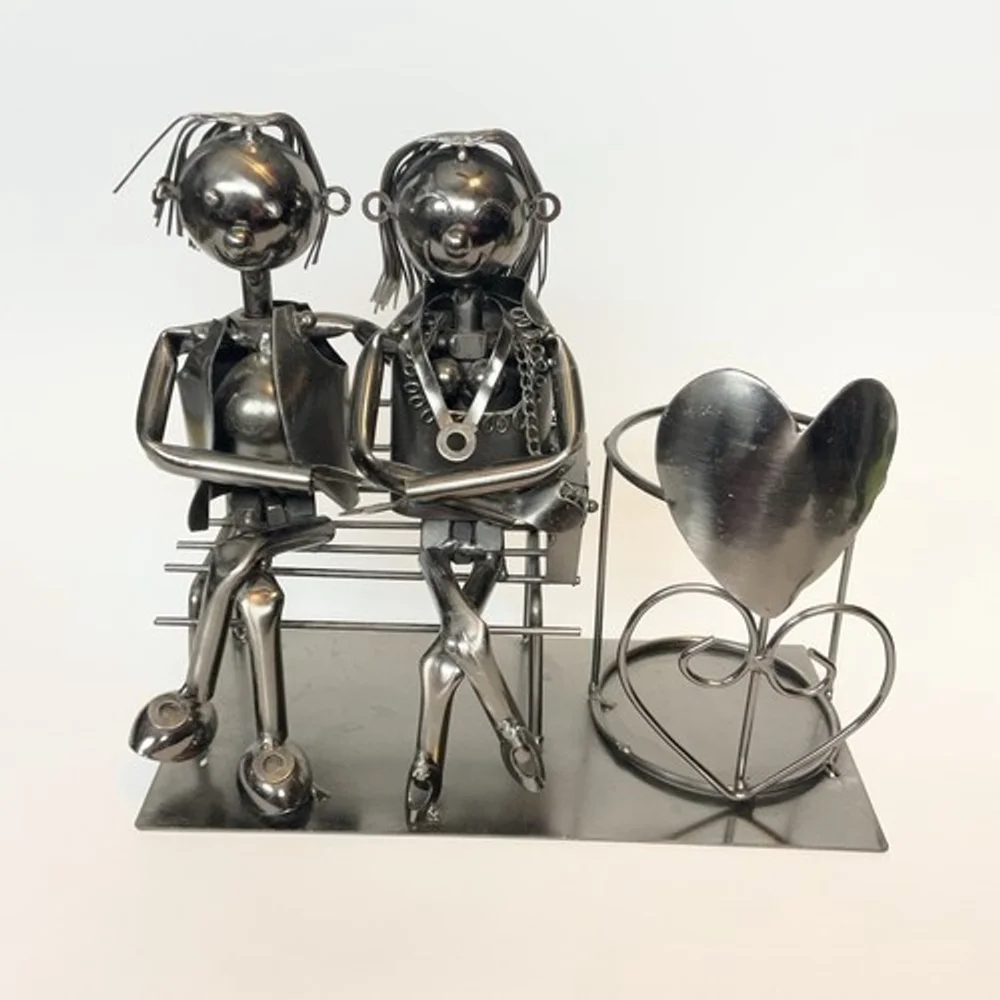 VTG Metal Statue Love Couple On‎ The Bench Wine Bottle/Candle Holder 8